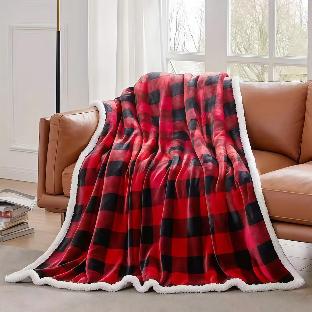 1pc Cozy Sherpa Fleece Buffalo Plaid Blanket - Sofa, Bed, And Outdoor Use - All-Season, Machine Washable, Soft Warm 4lbs, Weight