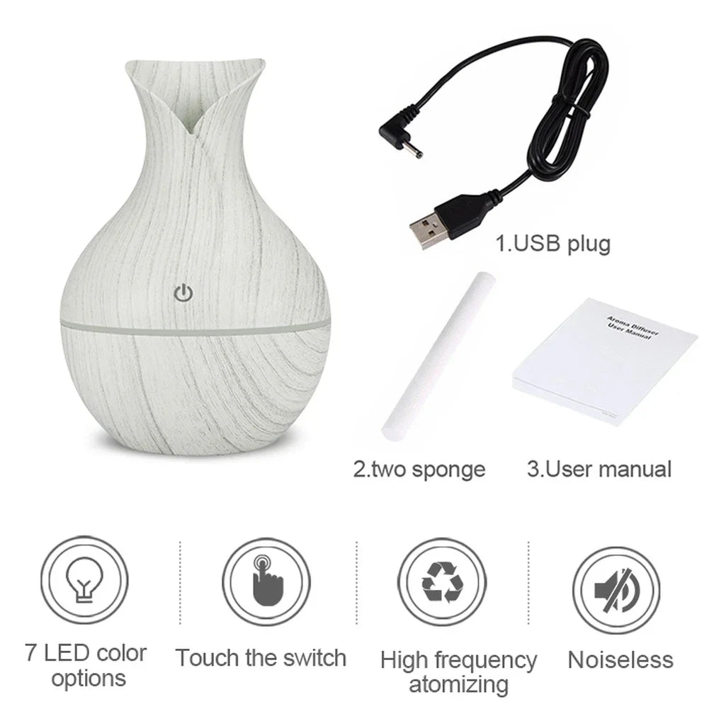 200ml LED Aromatherapy Diffuser with 7-Color Lights - Wood Grain Humidifier