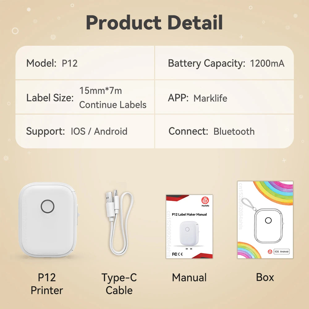 Adhesive Label Printer Marklife P12 Portable Labeler Inkless Thermal Printer with P12 Label Stickers Printer Bag Bluetooth Maker