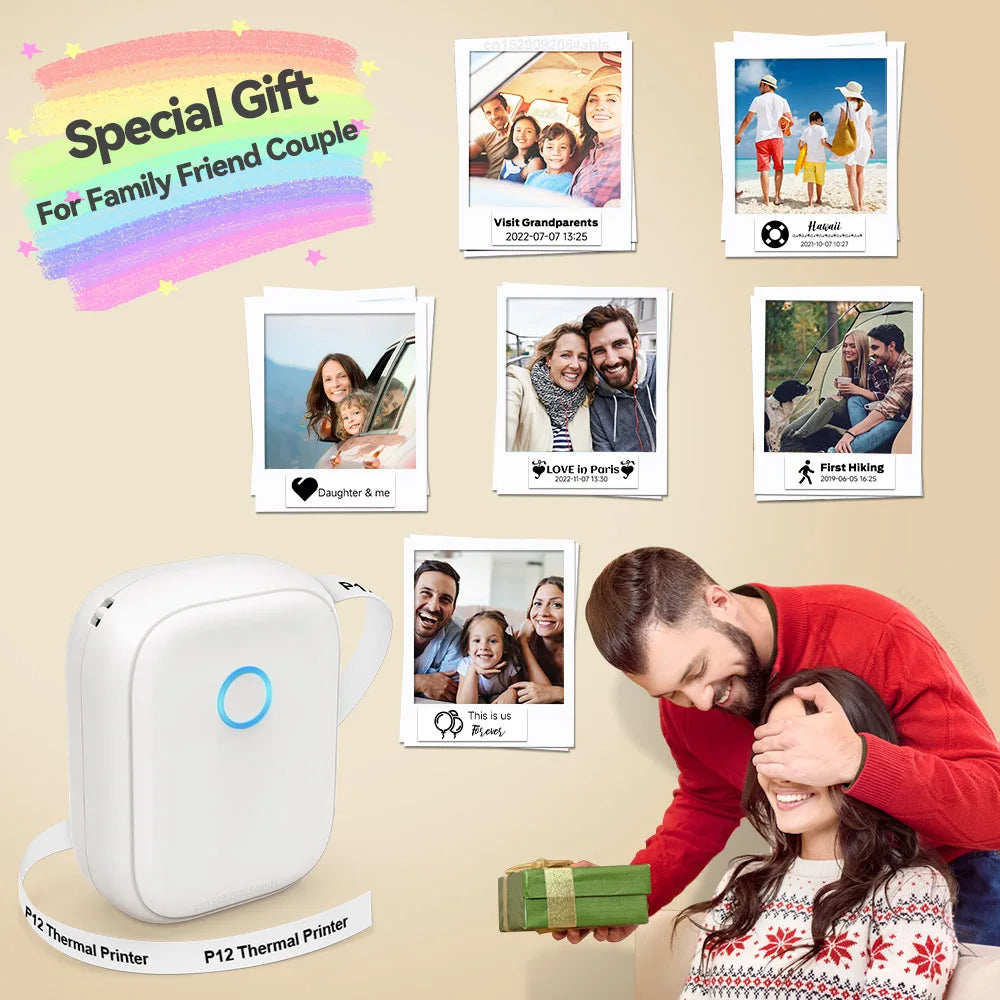 Adhesive Label Printer Marklife P12 Portable Labeler Inkless Thermal Printer with P12 Label Stickers Printer Bag Bluetooth Maker