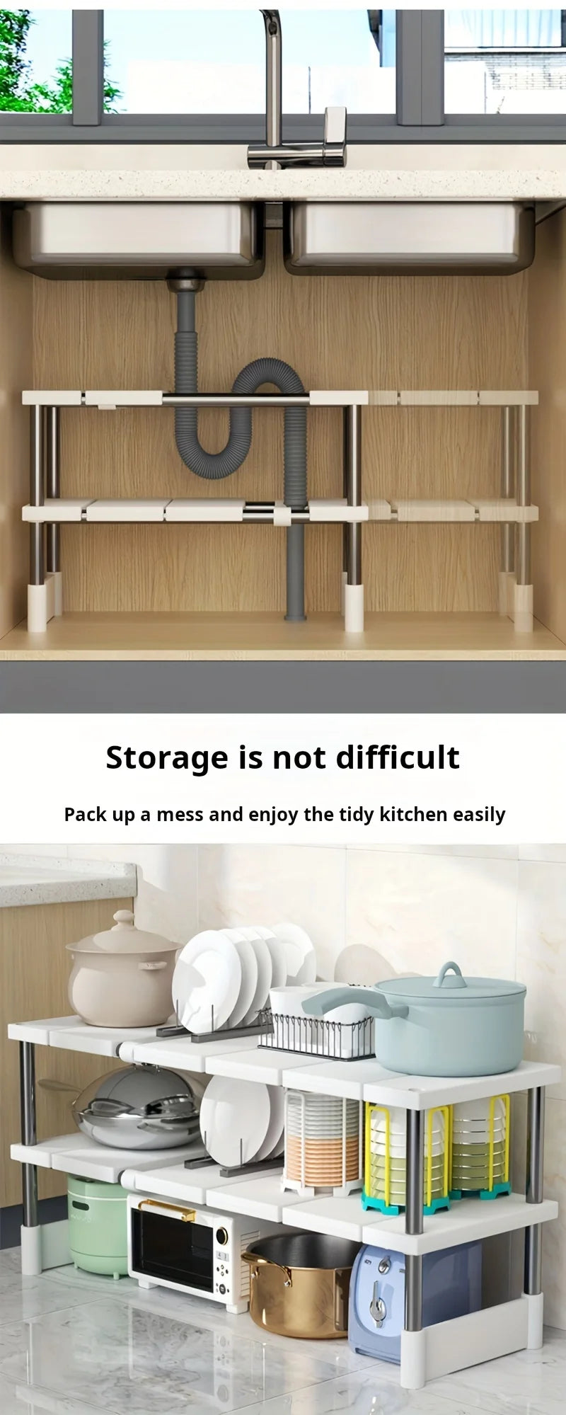 Adjustable Under Sink Storage Rack - Expandable Cabinet Organizer for Kitchen & Bathroom