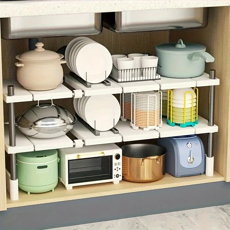 Adjustable Under Sink Storage Rack - Expandable Cabinet Organizer for Kitchen & Bathroom