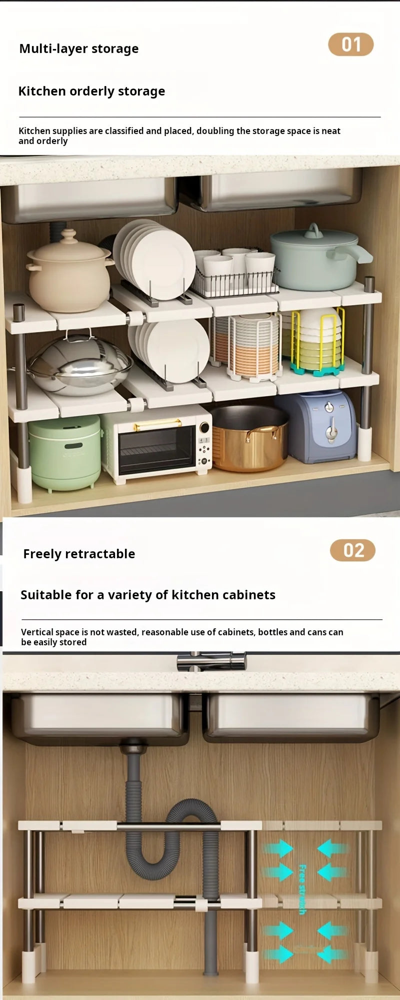 Adjustable Under Sink Storage Rack,Expandable Kitchen & Bathroom Cabinet Organizer, Durable Space-Saving Multi-Layer Pot Holder