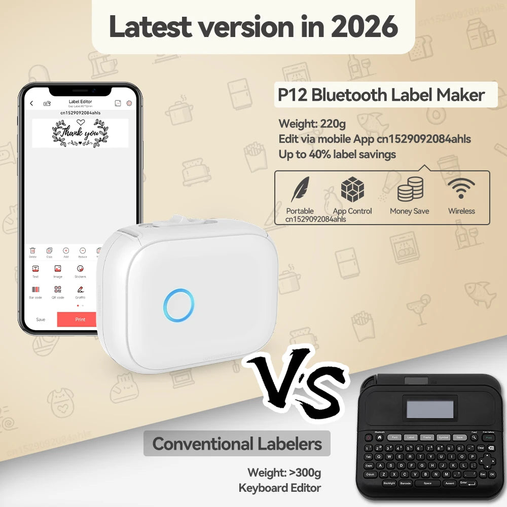Adhesive Label Printer Marklife P12 Portable Labeler Inkless Thermal Printer with P12 Label Stickers Printer Bag Bluetooth Maker