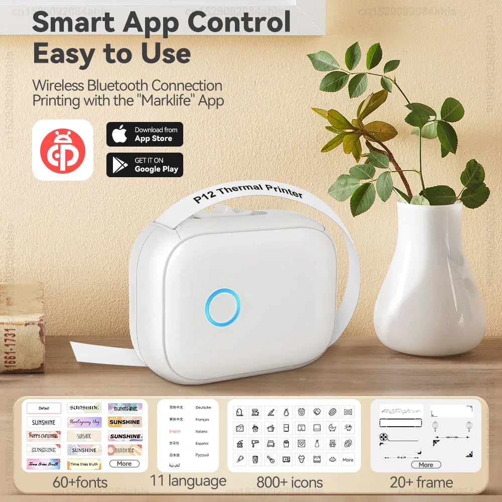 Adhesive Label Printer Marklife P12 Portable Labeler Inkless Thermal Printer with P12 Label Stickers Printer Bag Bluetooth Maker