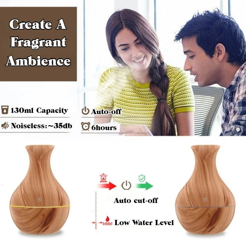 7-Color LED Humidifier Vase, 200ML Wood Grain Household Humidifier, Silent Aromatherapy Diffuser for Summer, Office & Indoor Use