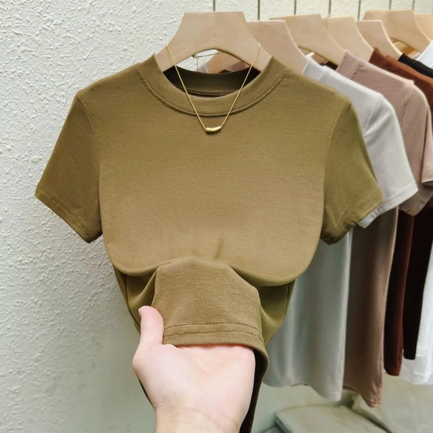 Fashion Women T Shirt Street Sexy Slim Casual T-Shirt Solid Plus Size Top Tees Summer Crew Neck Short Sleeve Women's Clothing