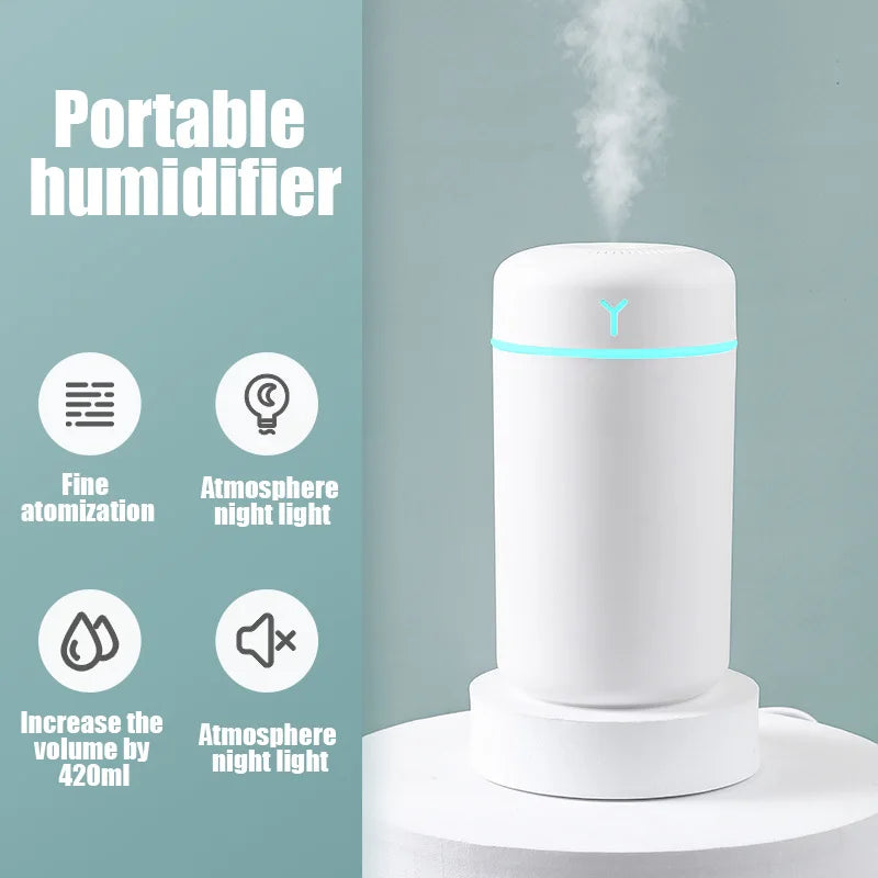 420ml Portable USB Humidifier with LED Night Light - Car & Home Aromatherapy Diffuser