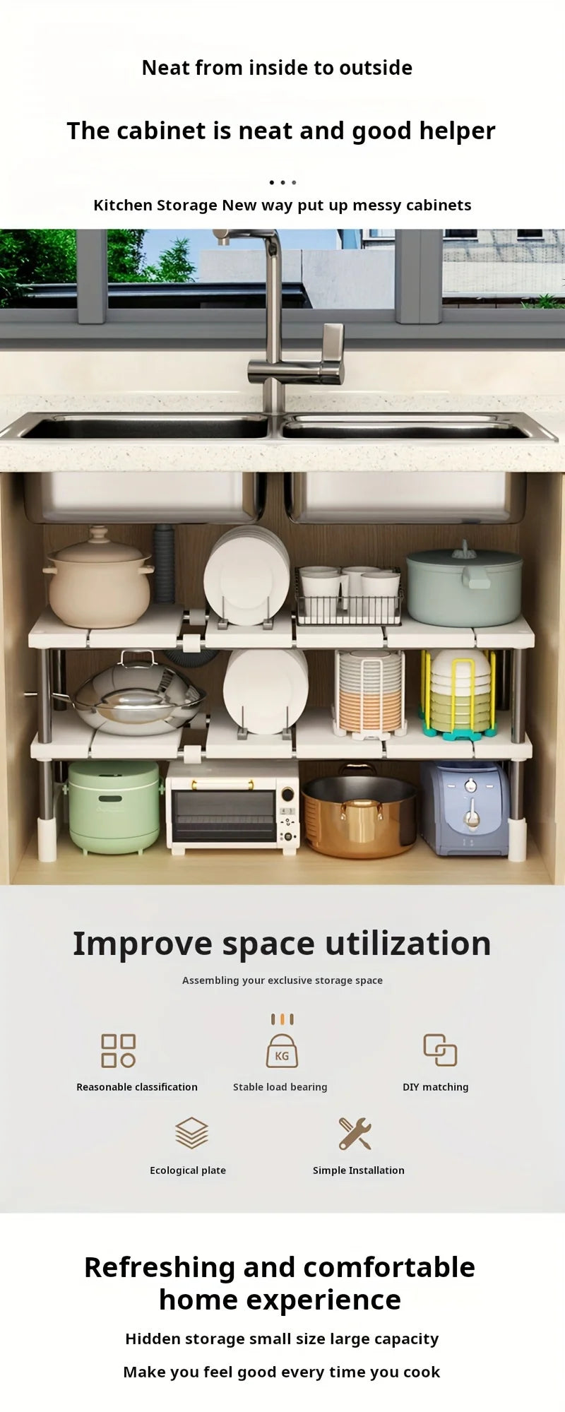 Adjustable Under Sink Storage Rack,Expandable Kitchen & Bathroom Cabinet Organizer, Durable Space-Saving Multi-Layer Pot Holder